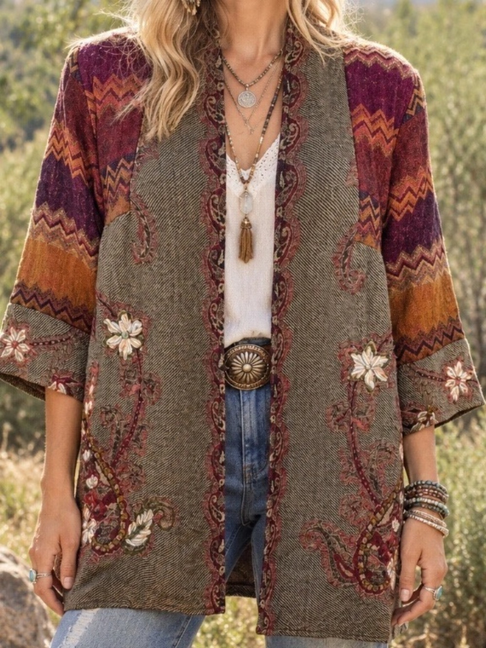 Soft Surroundings Wool Izmir Kimono Jacket Cardigan Floral Paisley Embroidered L